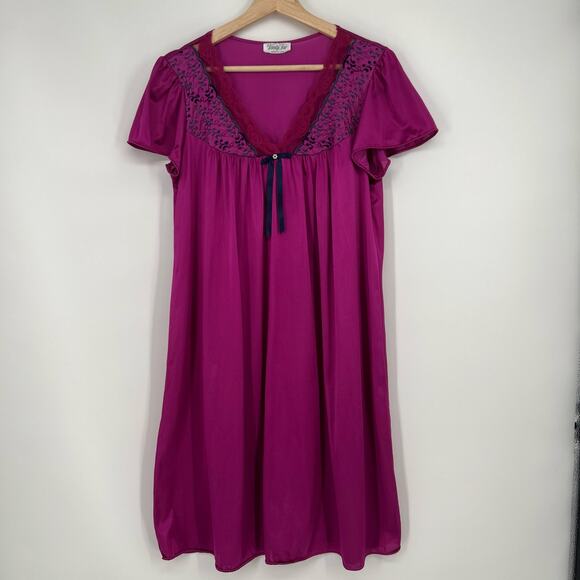 Vintage 80s Vanity Fair Satin Nightgown Dress Fuchsia Pink Blue Midi Lace USA - Picture 1 of 7